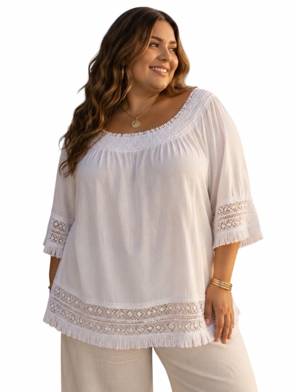Chicos 3 Petite XL White Fringe Boho Embroidered Shirt Beachy Casual Resortwear